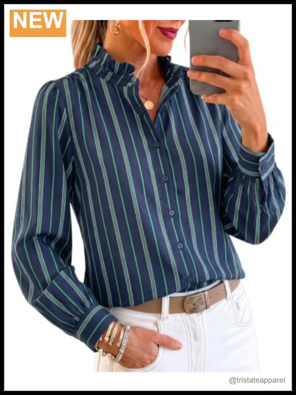 Women's Striped Ruffle Blouse Long Sleeve Button Down Top